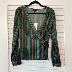 NWT Lumiere Satin Wrap V-Neck Top, Green Rust Yellow White Striped, Size S